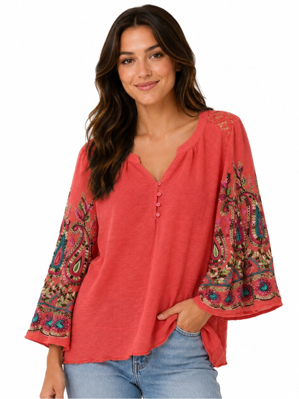 Elegant Coral Paisley Blouse with Embroidered Sleeves